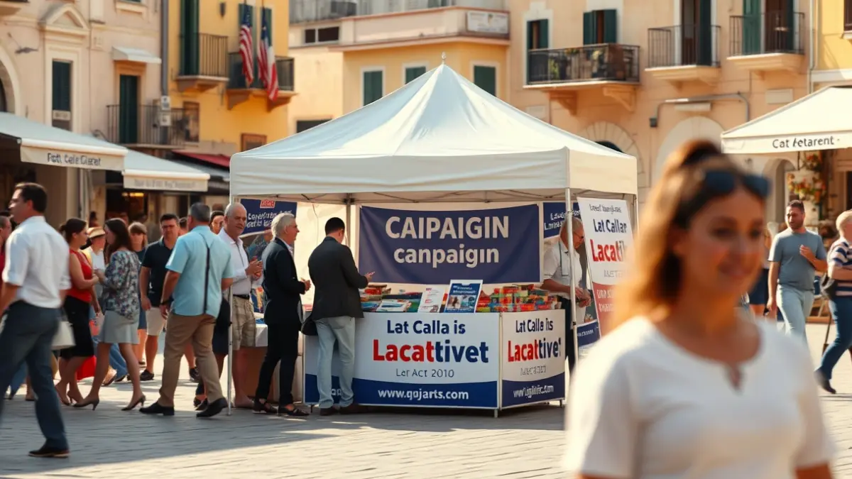Imagen de una carpa de campaña política en un mercado, con gente borrosa al fondo.