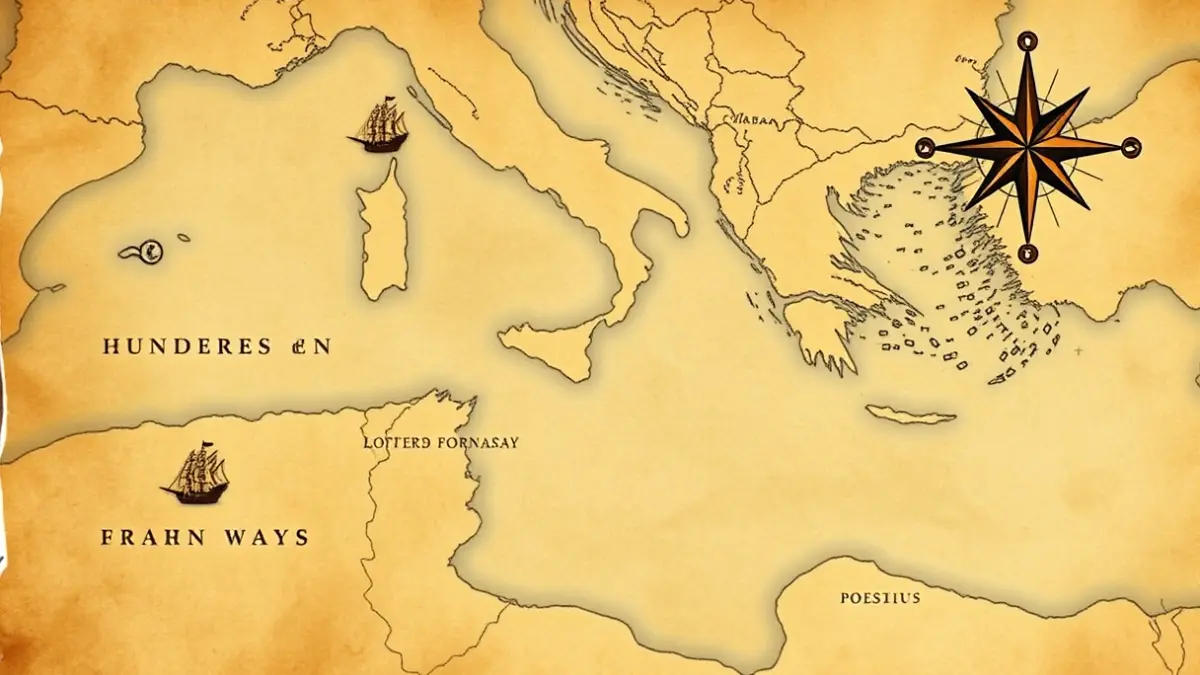 Historical image of an old map of the Mediterranean coast with pirate ship icons.
