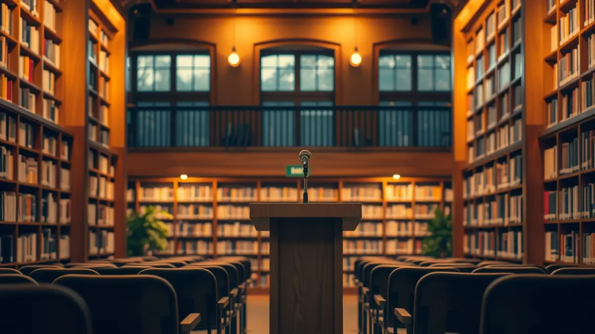 Generic image of a library interior with wooden bookshelves and a podium with a microphone, with warm lighting.