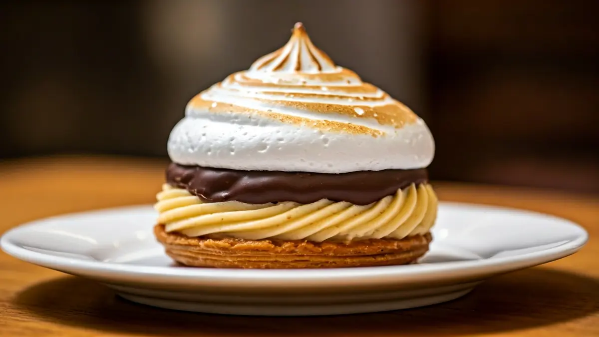 Imatge d'un pastís jericano, un dolç tradicional amb pasta fullada, crema, merenga i xocolate.