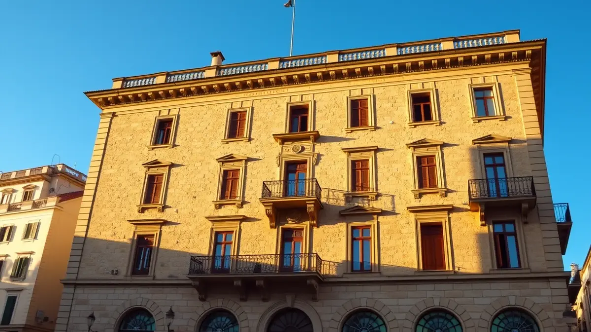 Facade of the Ducal Palace of Gandia, with its historic architecture and ornate balconies, bathed in the afternoon sunlight.