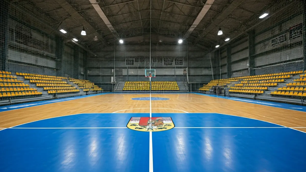 Image of a renovated indoor sports court with new seating and LED lighting.