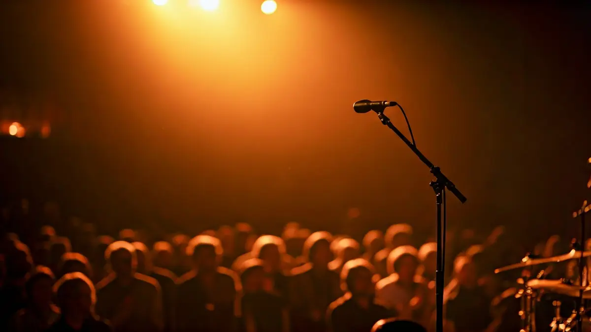 Generic image of a concert hall stage with a microphone and musical instruments.