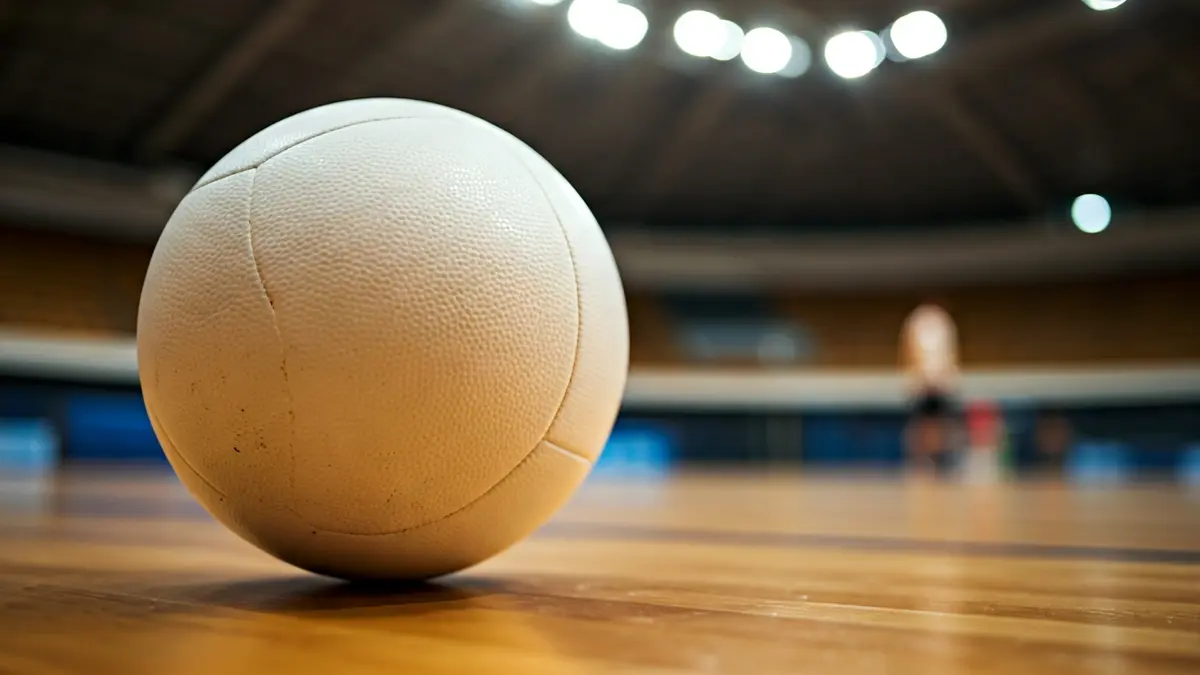 Imatge genèrica d'una pilota de voleibol en una pista de fusta.