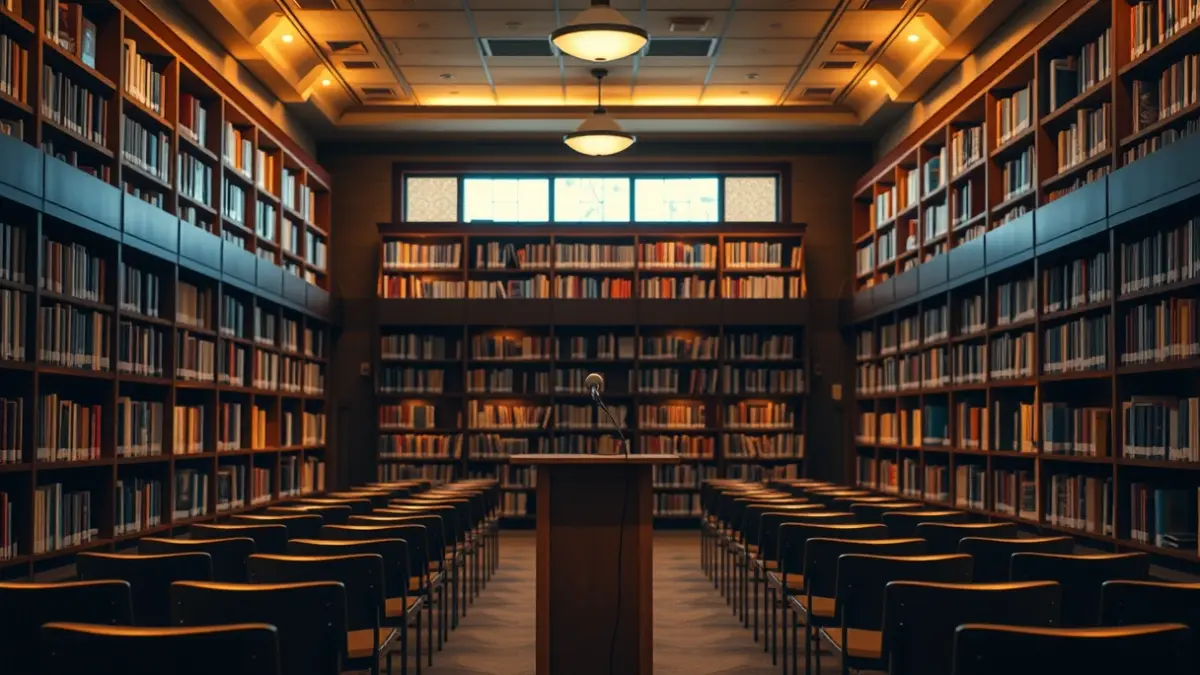 Generic image of a library with wooden bookshelves and a podium, with a warm reading atmosphere.