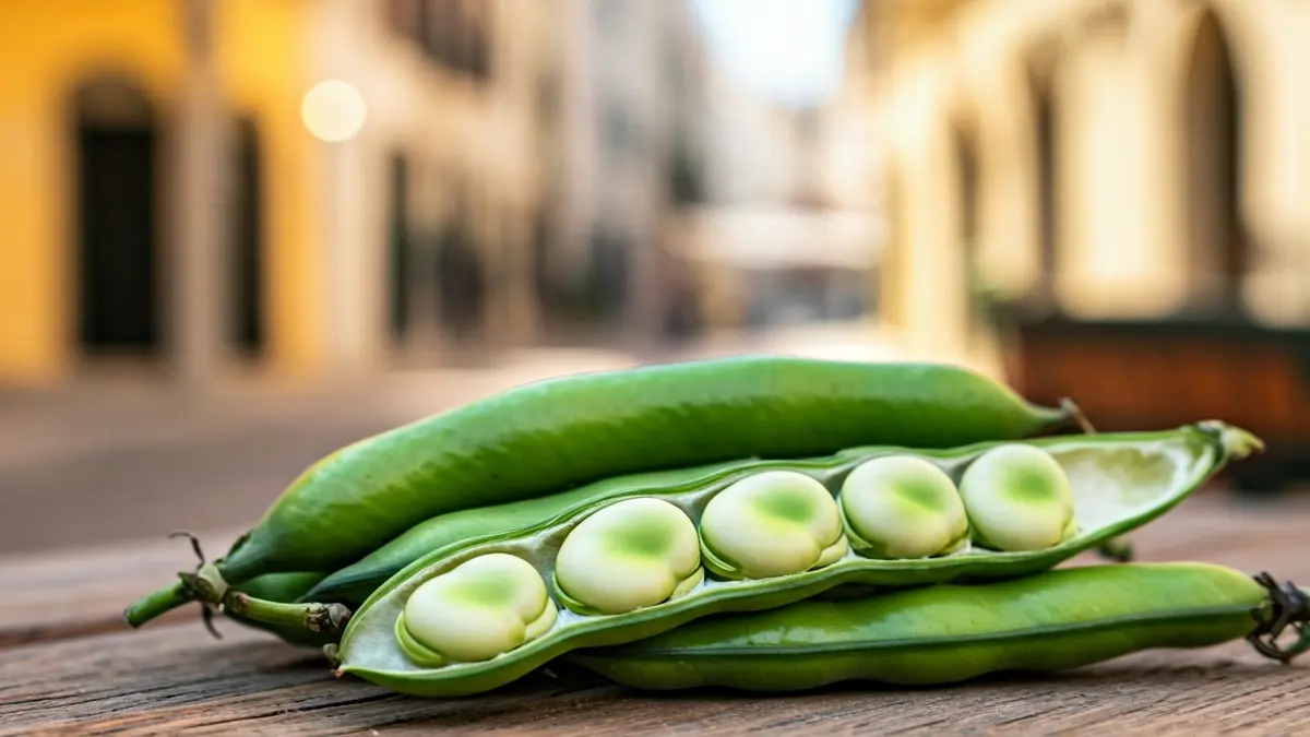 Imatge de faves fresques en les seues beines sobre una taula de fusta, amb un fons desenfocat d'un festival.