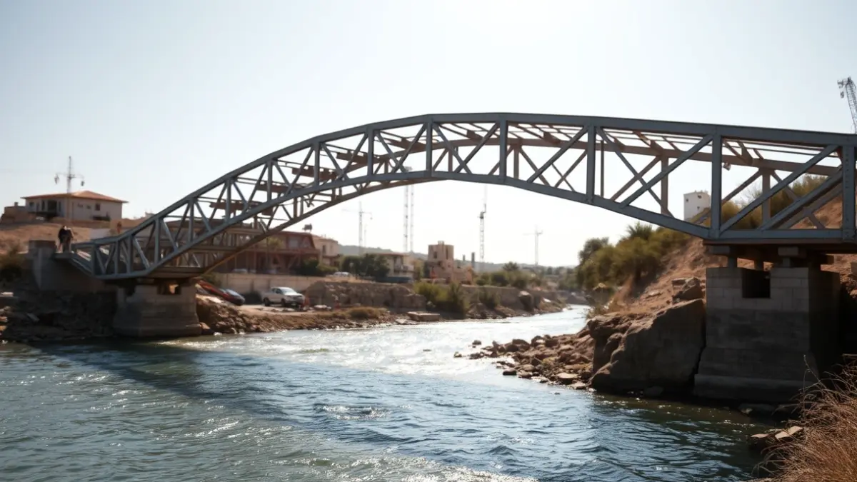 Imatge d'una passarel·la provisional de metall sobre un riu, amb obres al fons.