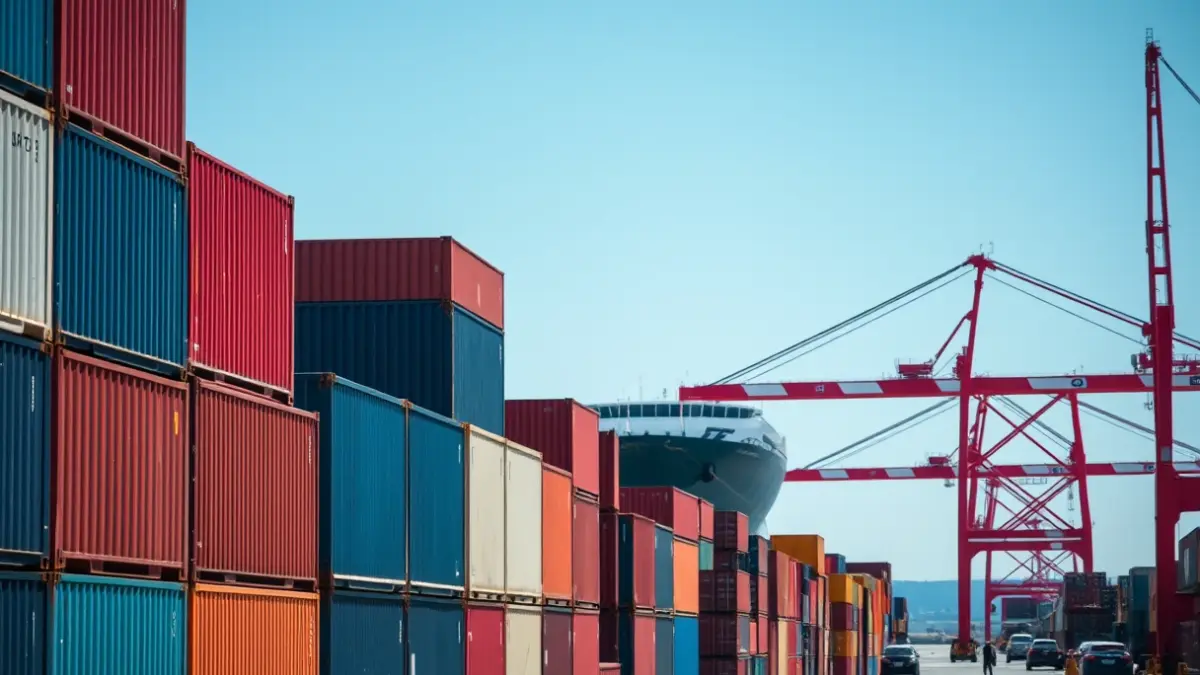 Imatge genèrica de contenidors en un port, amb un vaixell de càrrega al fons.