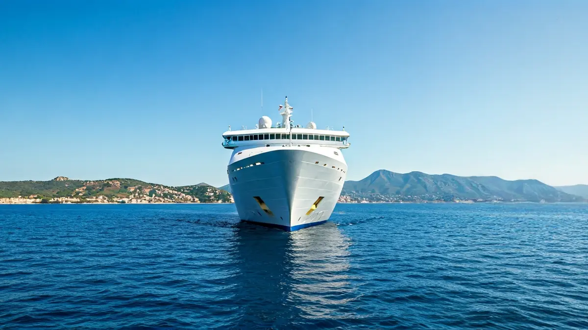 Imatge genèrica d'un vaixell de creuer navegant per aigües blaves amb la costa mediterrània al fons.