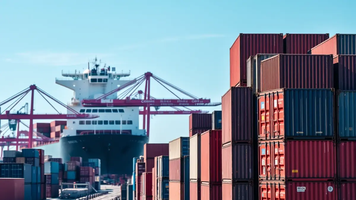 Generic image of shipping containers at a port with a ship in the background.