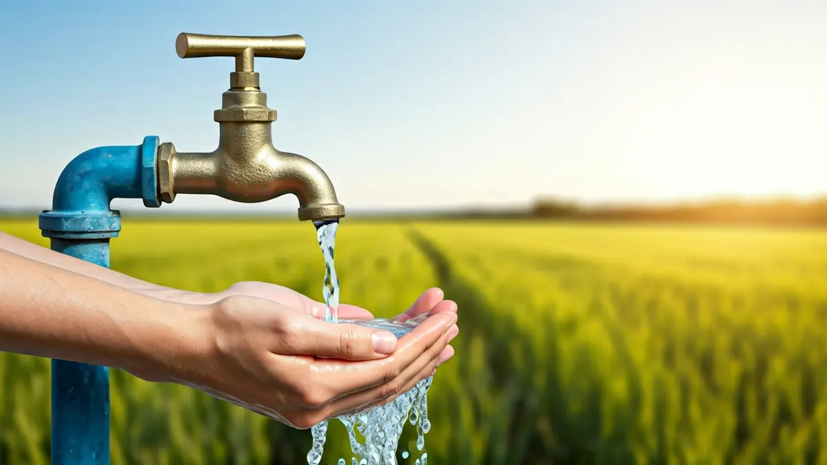 Imatge genèrica de mans recollint aigua d'una aixeta, amb un camp de cultiu al fons.