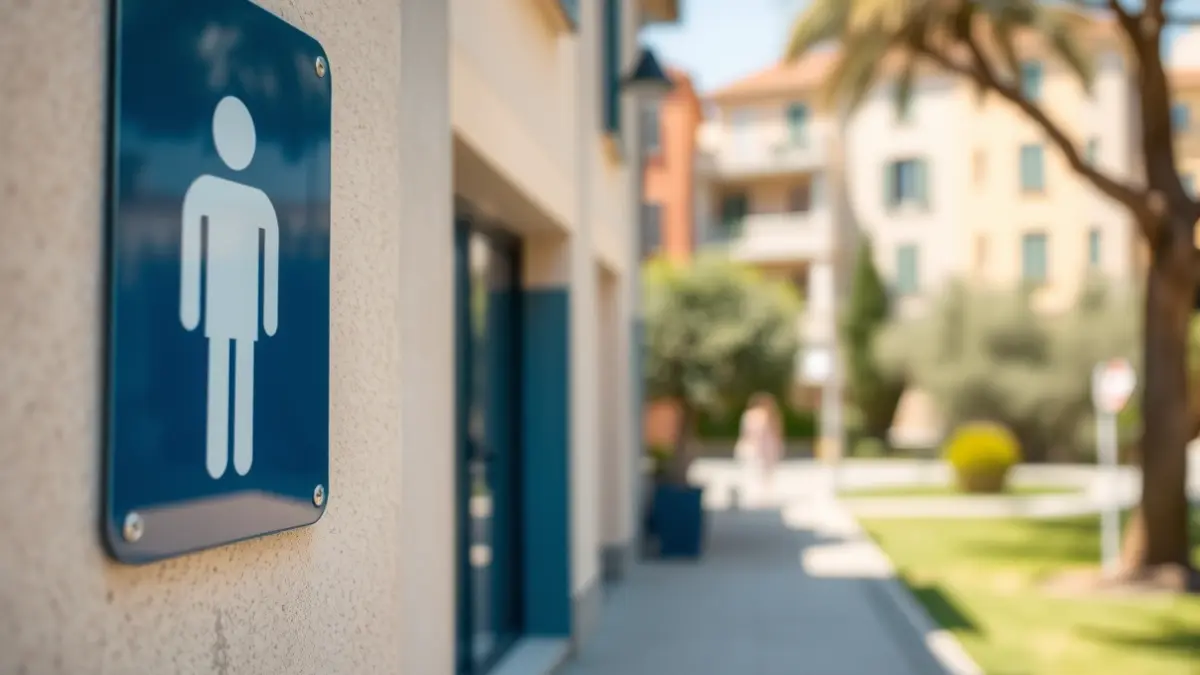 Imatge genèrica d'un senyal de bany públic en una ciutat mediterrània.