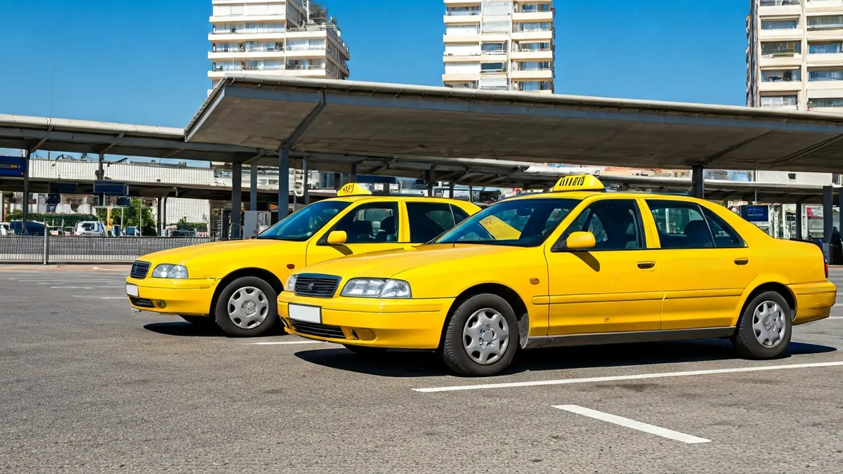 Imagen de dos taxis en el aparcamiento de la estación de tren de Sagunto, sin sombra.