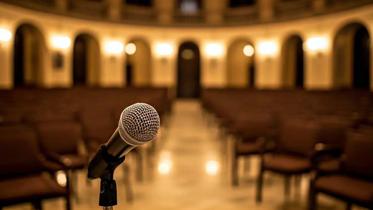 Imatge genèrica d'un micròfon en un faristol en una sala cívica, amb cadires buides al fons.