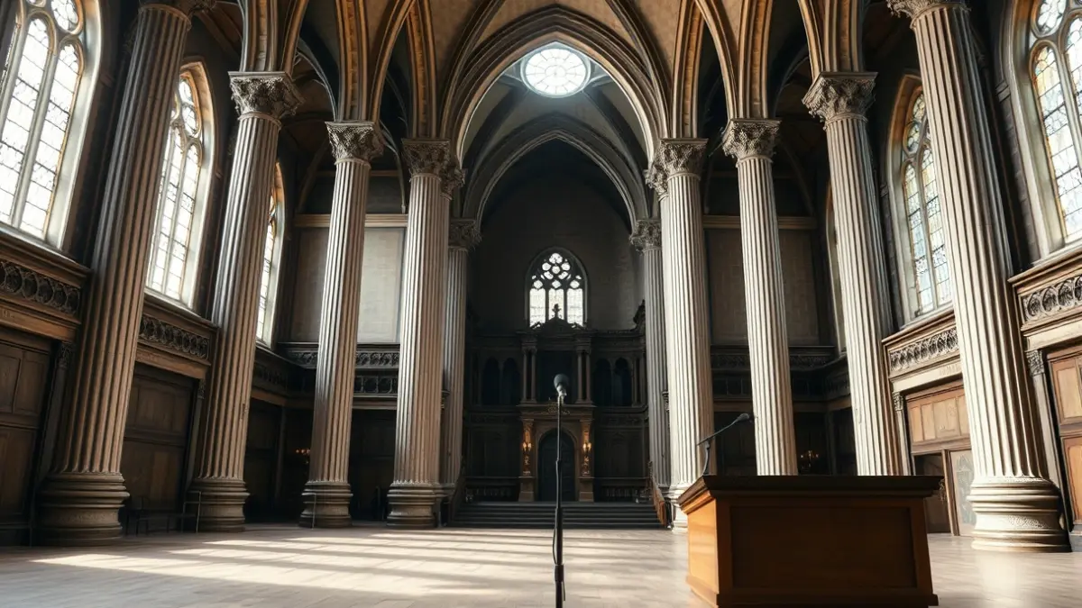 Interior of the Lonja de la Seda in Valencia, with its gothic columns and vaulted ceilings.