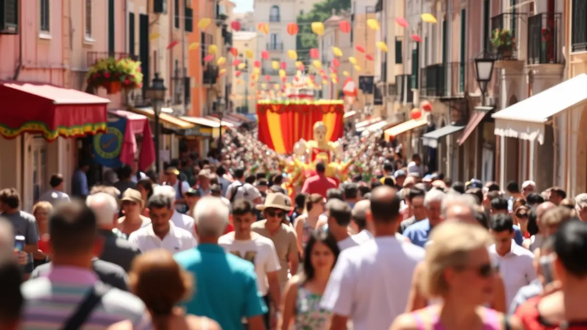 Image of a traditional festival in a Mediterranean street, with blurred crowd and colorful decorations.