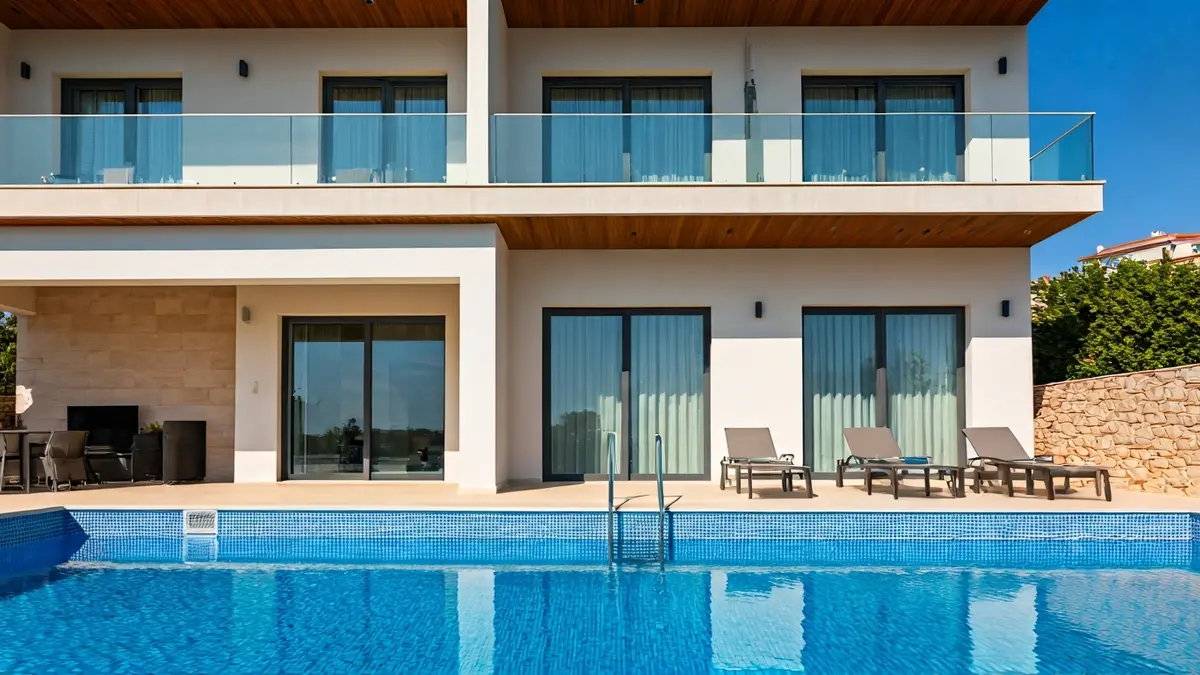 Image of a luxury villa in a Mediterranean area, with a swimming pool and warm sunlight.