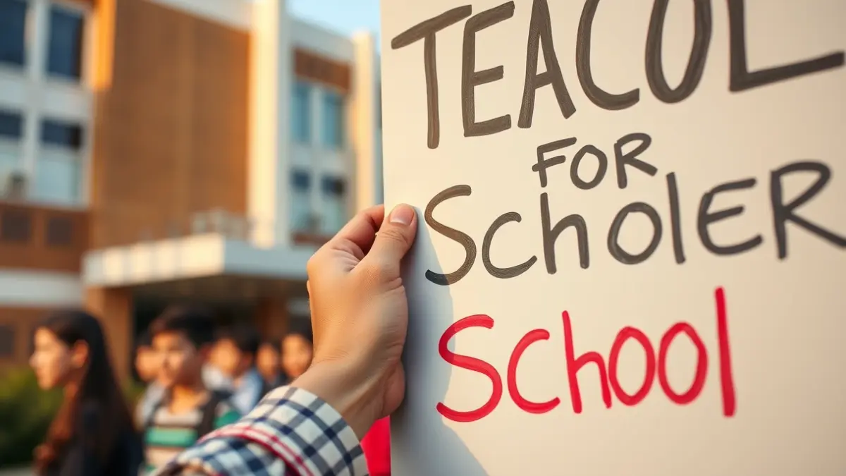 Imagen genérica de una mano de maestro sosteniendo un cartel de protesta con un fondo desenfocado de estudiantes y un edificio escolar.