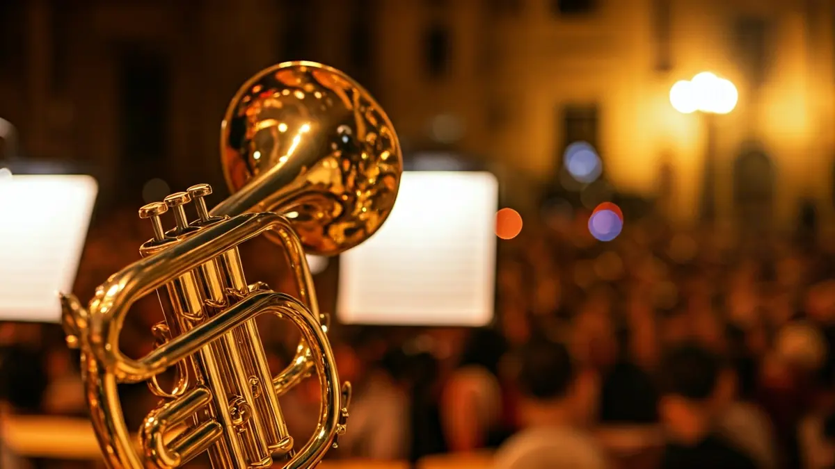 Generic image of a brass instrument, with blurred sheet music in the background.