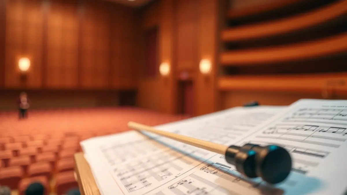Imatge genèrica d'una batuta de director sobre un faristol amb partitures.