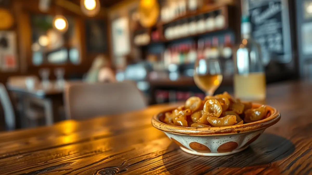 Imatge d'una tapa d'Amparín, amb sépia i ceba, en un plat de ceràmica sobre una taula de fusta.