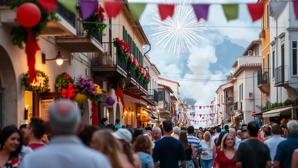 Imagen de una fiesta popular valenciana con gente y decoración colorida.