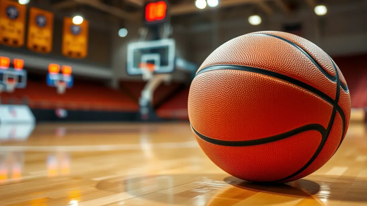 Generic image of a basketball on a court, with the hoop blurred in the background.