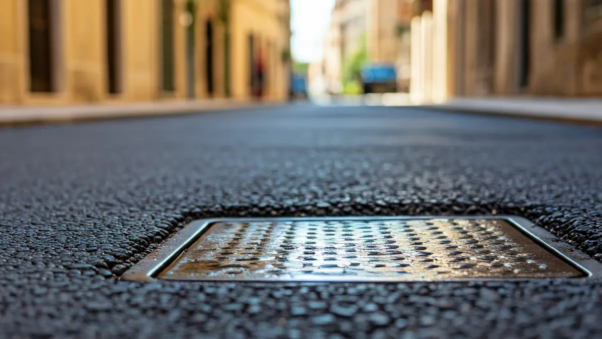Imagen de un sumidero parcialmente cubierto por asfalto nuevo en una calle antigua, con agua estancada alrededor.
