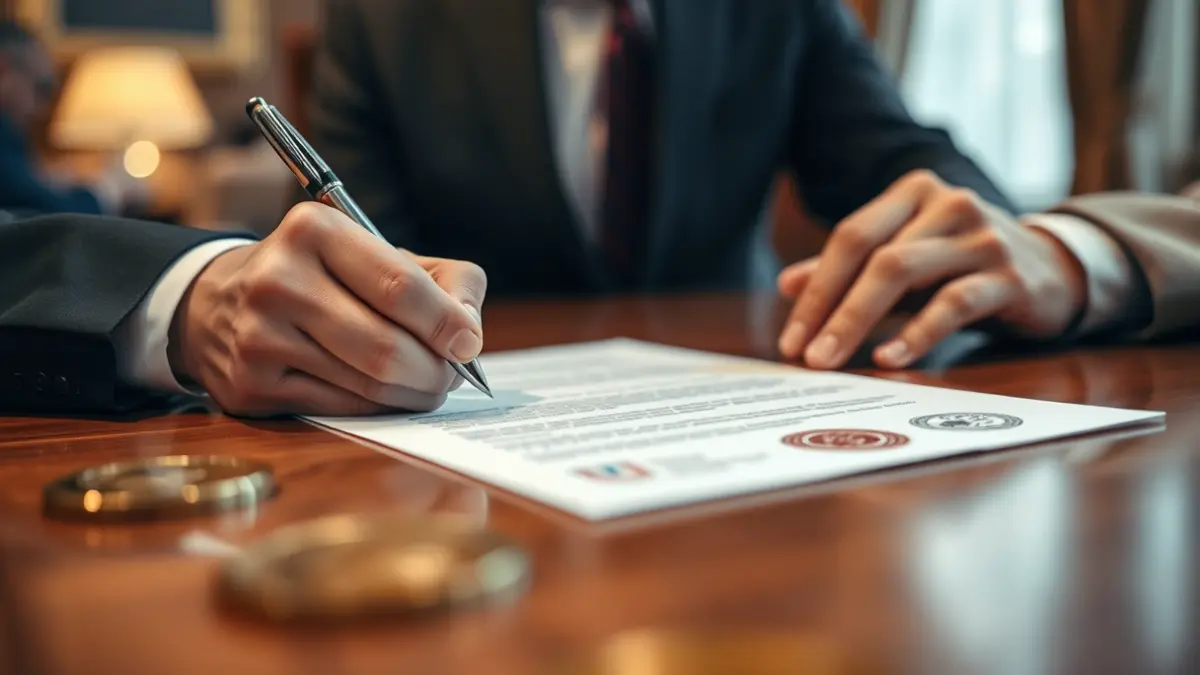 Generic image of hands signing an official document on a wooden desk.
