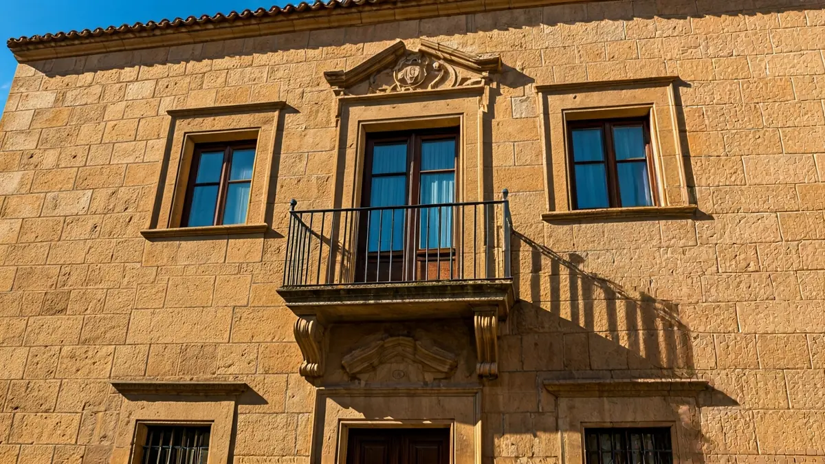 Façana de l'Ajuntament de Castelló amb balcons de ferro forjat i llum solar de vesprada.