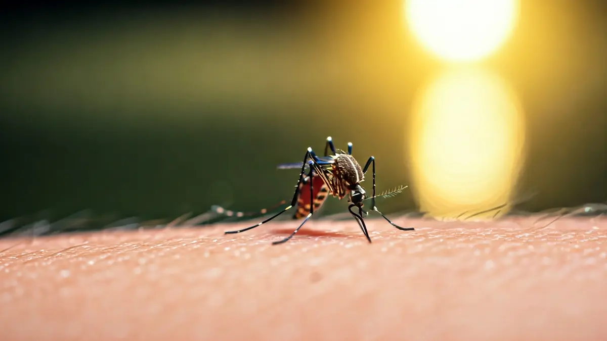 Imatge genèrica d'un mosquit picant un braç, amb aigua estancada de fons.