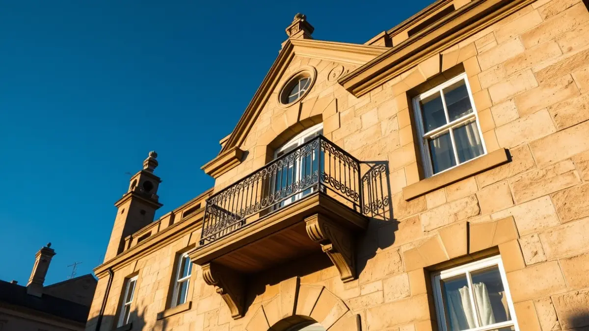 Facade of a town hall with a balcony and iron railings, illuminated by the afternoon sun.