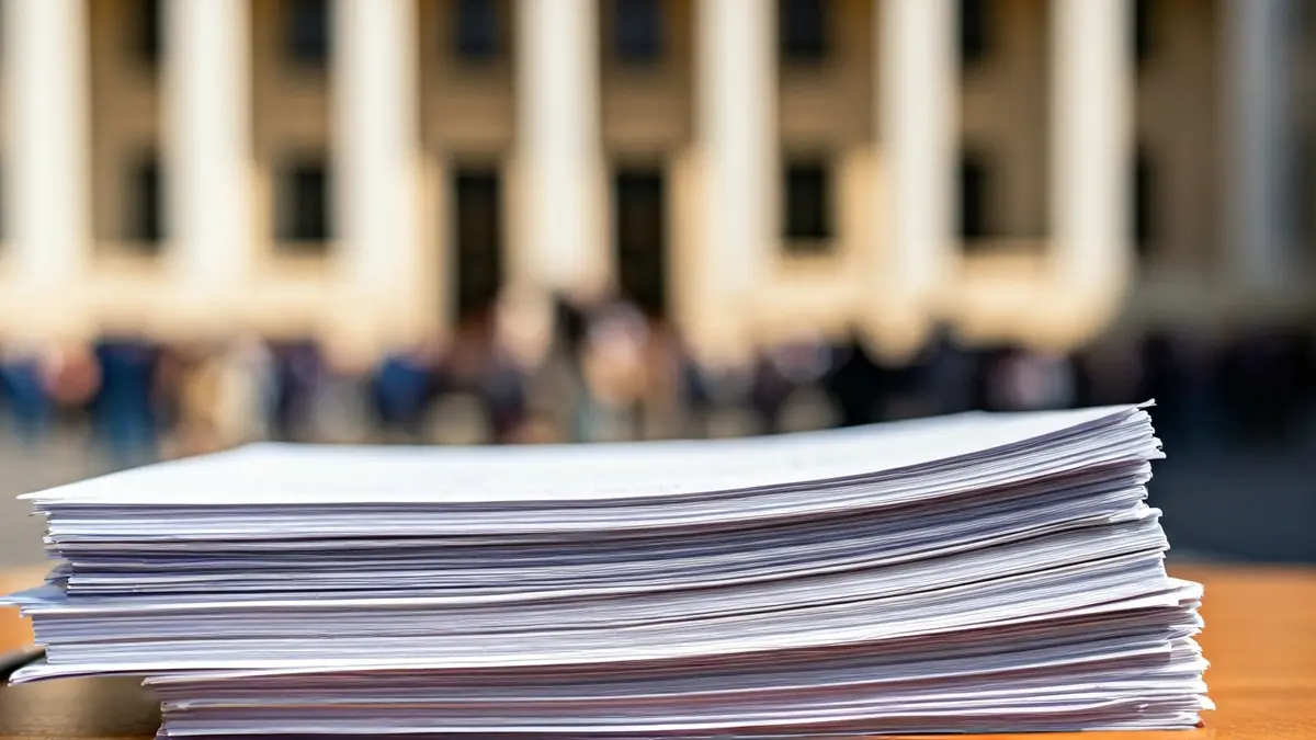 Generic image of stacked official documents, with a blurred government building in the background.
