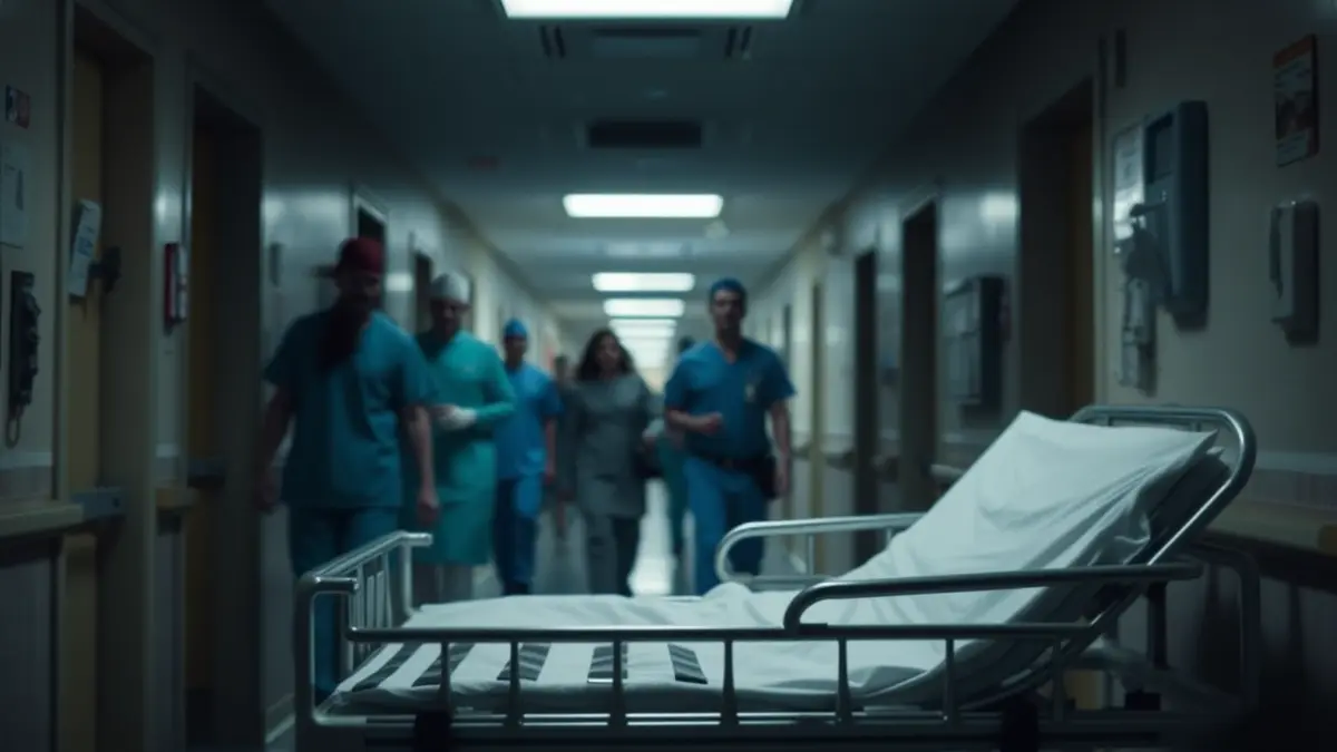 Imatge genèrica d'un passadís d'hospital de nit, amb figures borroses de personal mèdic.