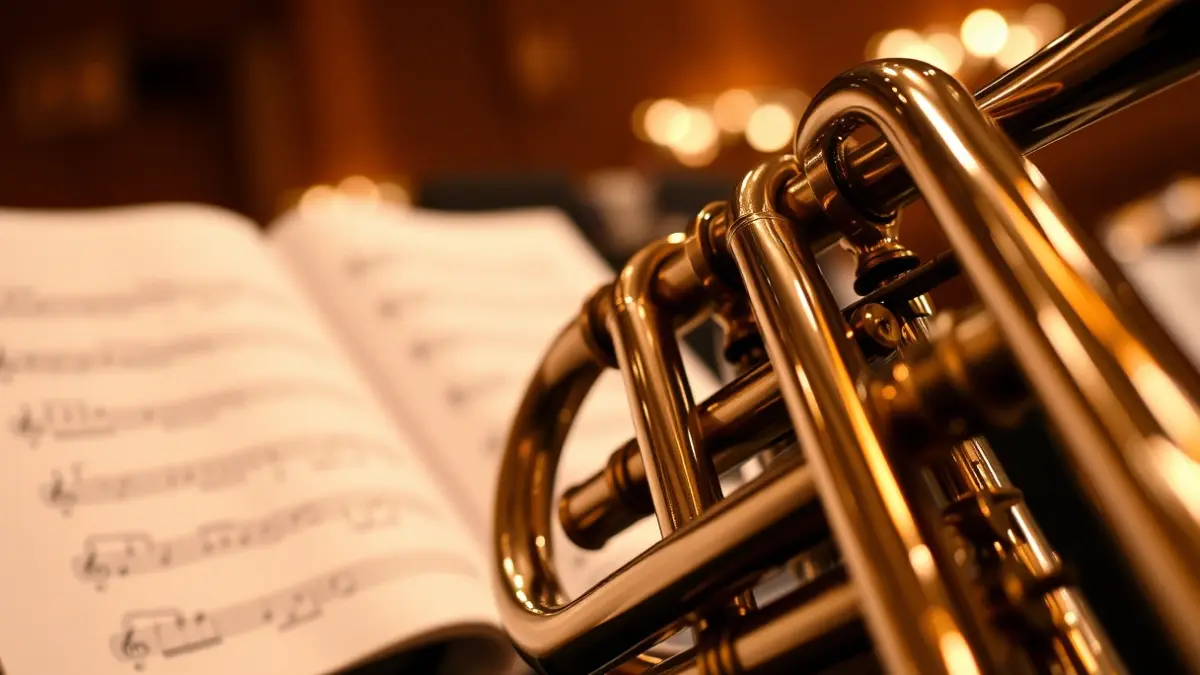 Generic image of a brass wind instrument, with blurred sheet music in the background.