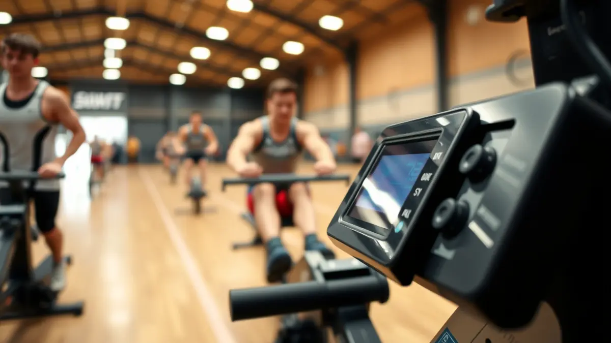 Generic image of a rowing ergometer in a gym, with blurred athletes in the background.