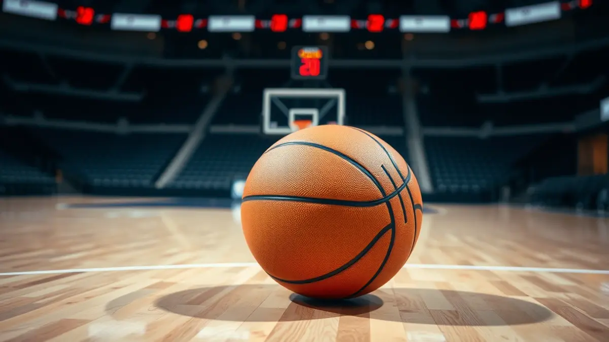 Generic image of a basketball on a court, with blurred stadium seats in the background.