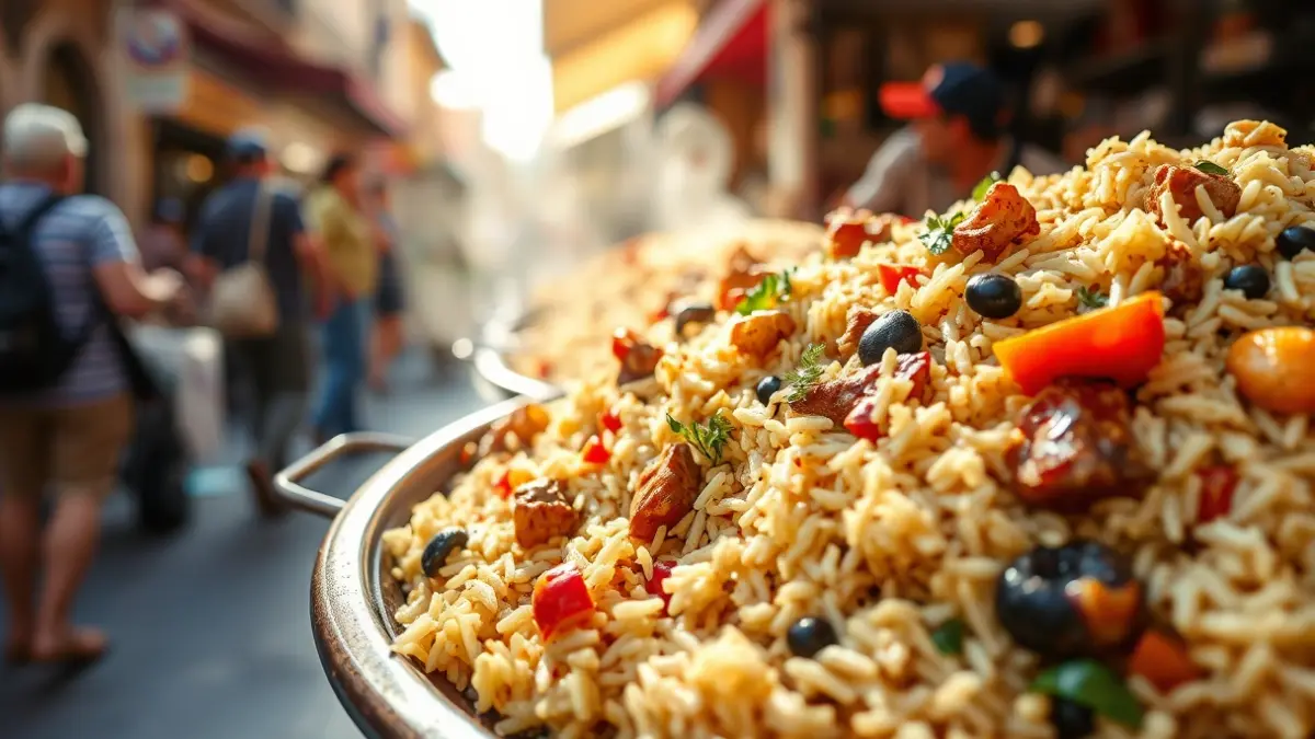 Imatge d'un plat d'arròs valencià sent servit en un esdeveniment gastronòmic a l'aire lliure.