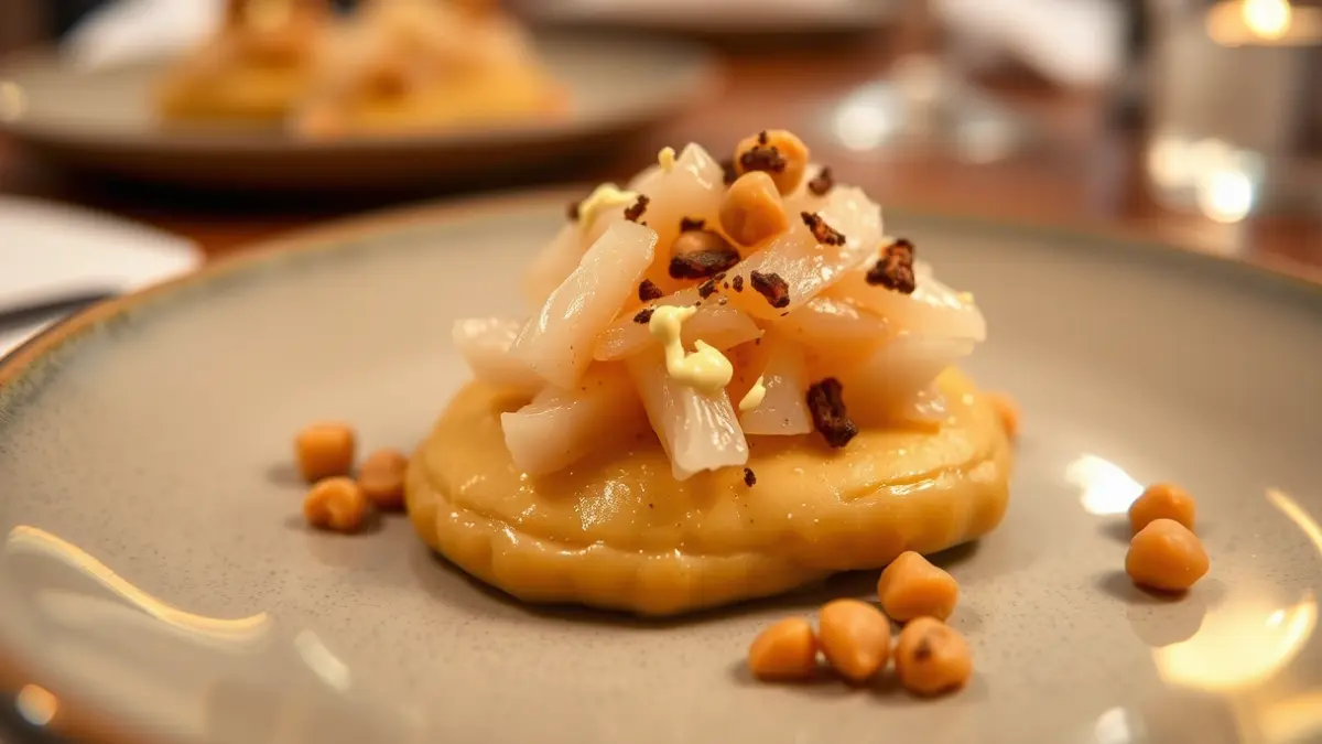 Imagen de una tapa gourmet, 'Bajo el manto', con bacalao y crema de garbanzos.