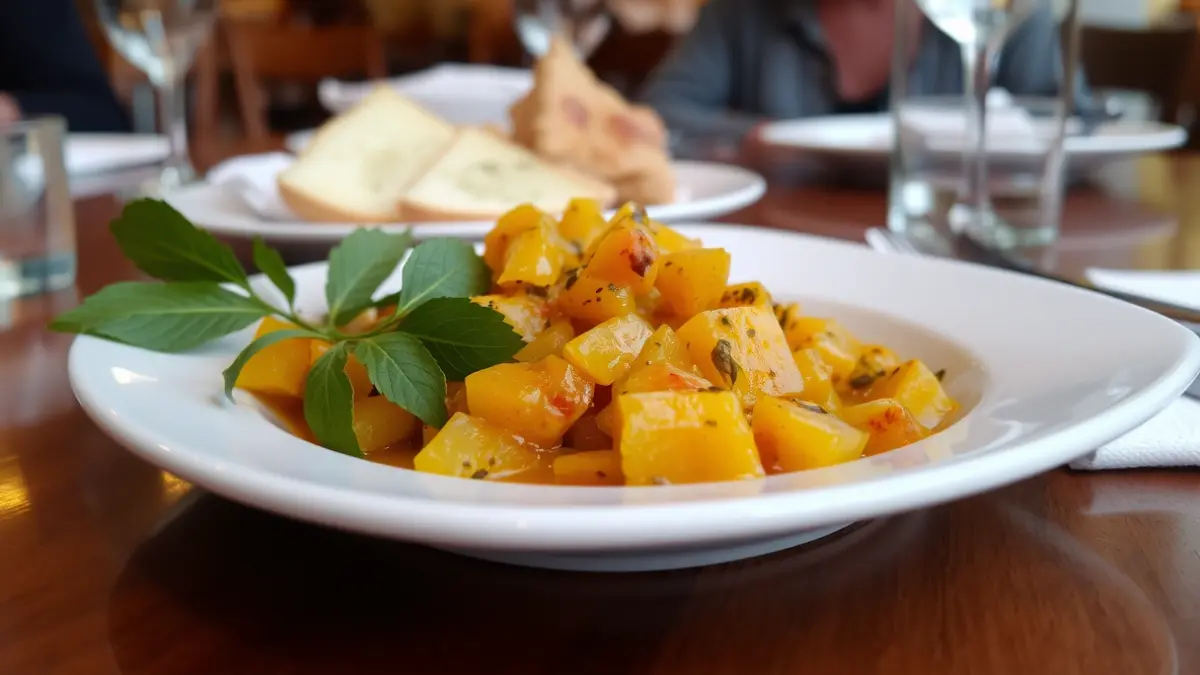 Plato culinario con nísperos como ingrediente principal, presentado en un restaurante mediterráneo.