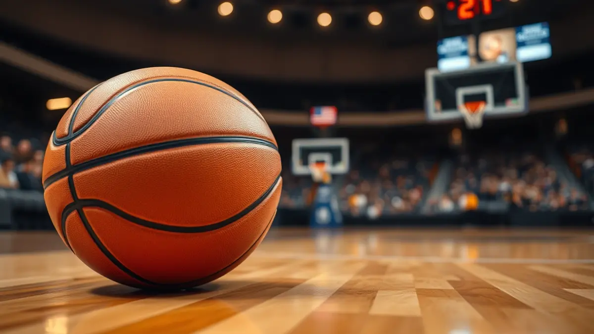 Imagen genérica de un balón de baloncesto en una cancha, con asientos de la arena desenfocados al fondo.