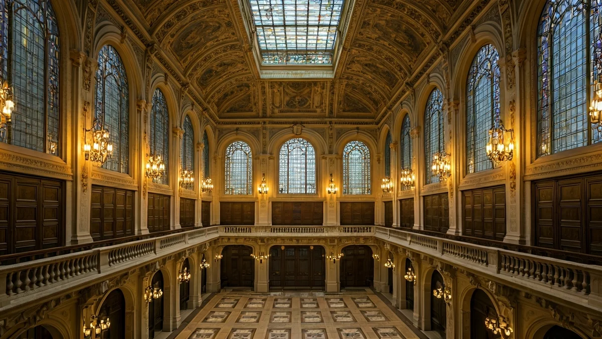 Imatge de l'interior del Saló de Cristall de l'Ajuntament de València, amb les seues vidrieres i llums.