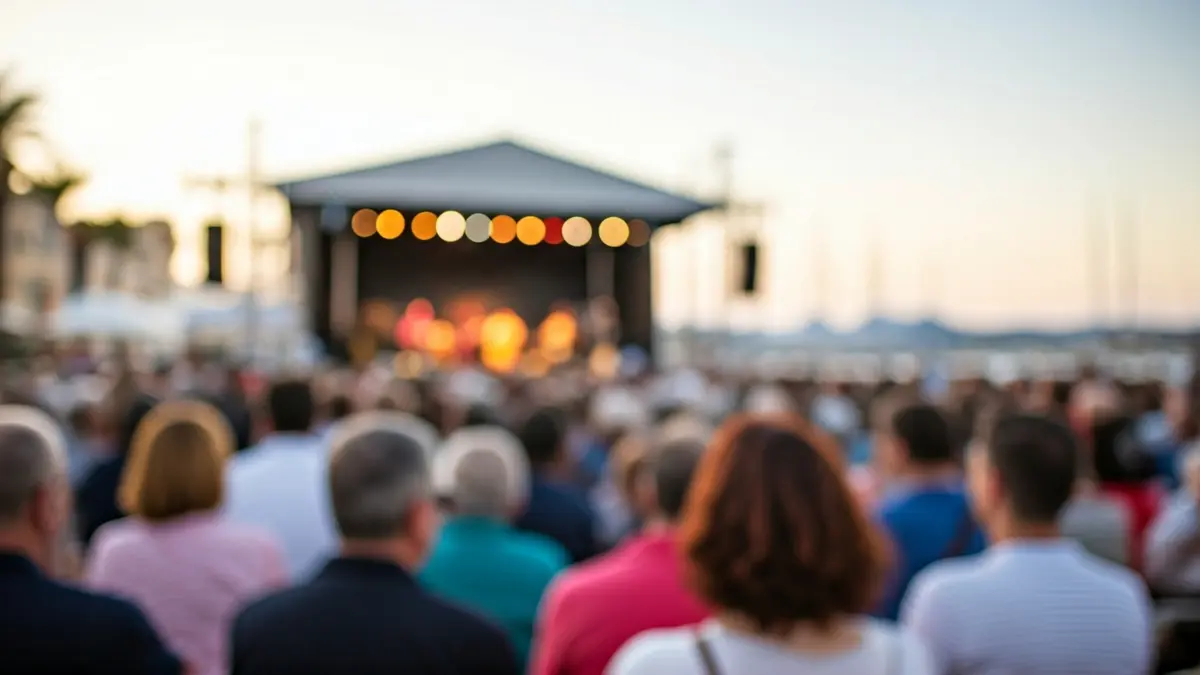 Image of an outdoor music festival at a Mediterranean port.