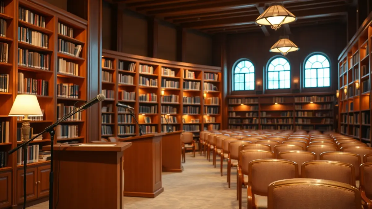 Imatge genèrica d'una llibreria amb prestatgeries de fusta i un ambient acollidor, amb un micròfon en un faristol buit.