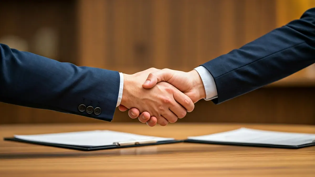 Generic image of hands shaking over a desk with documents, symbolizing an agreement or fund distribution.