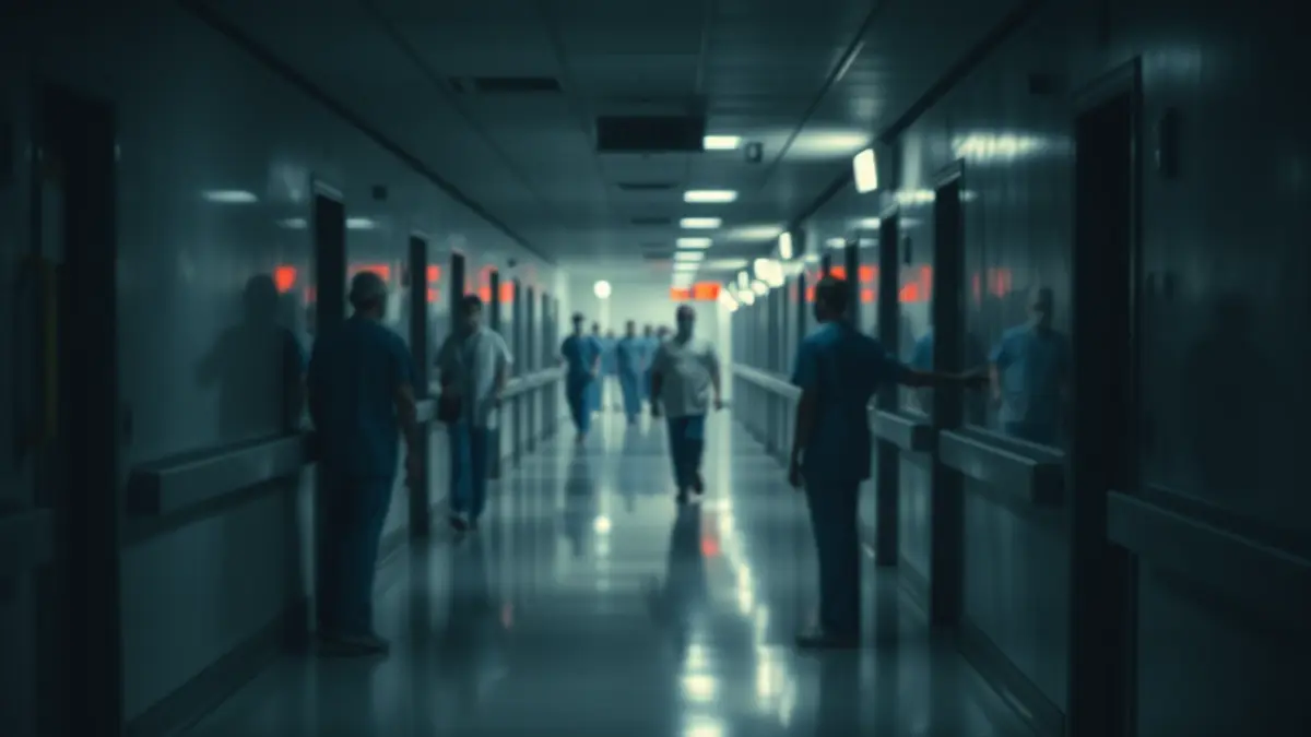 Imatge genèrica d'un corredor d'hospital de nit, amb llums tènues i figures borroses de personal sanitari al fons, suggerint un ambient de saturació.