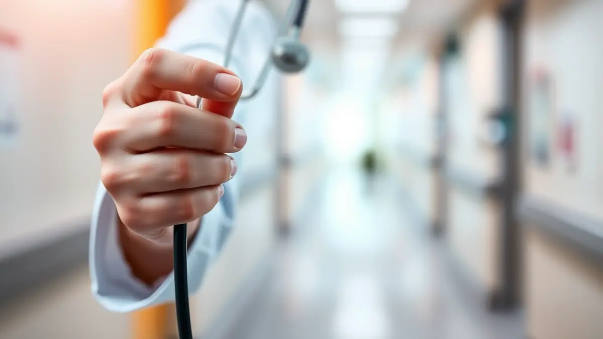 Generic image of a healthcare professional's hands holding a stethoscope, with a blurred hospital corridor in the background.