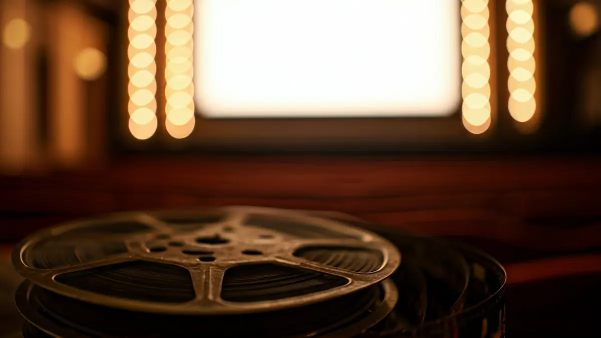 Imagen genérica de un carrete de película con luces borrosas de una pantalla de cine al fondo.