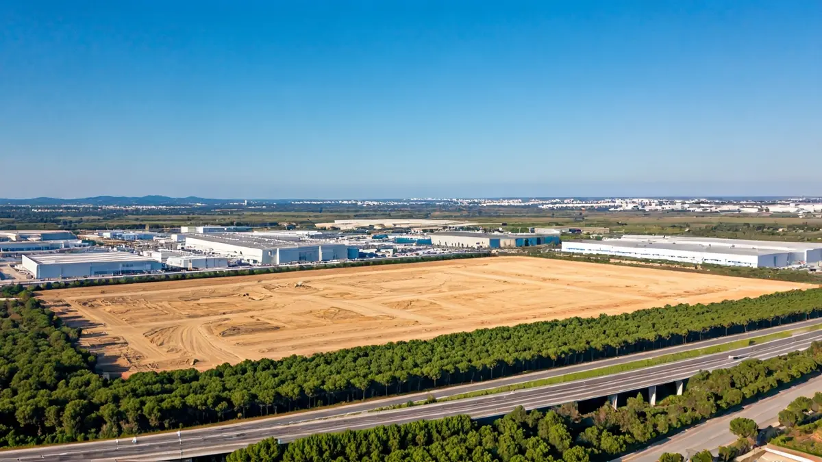 Imatge genèrica d'una gran parcel·la de sòl industrial sense urbanitzar, amb edificis industrials al fons.