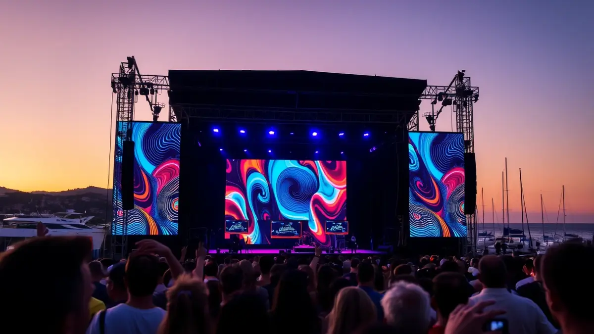 Image of a concert stage with lights and a blurred crowd at an outdoor festival.